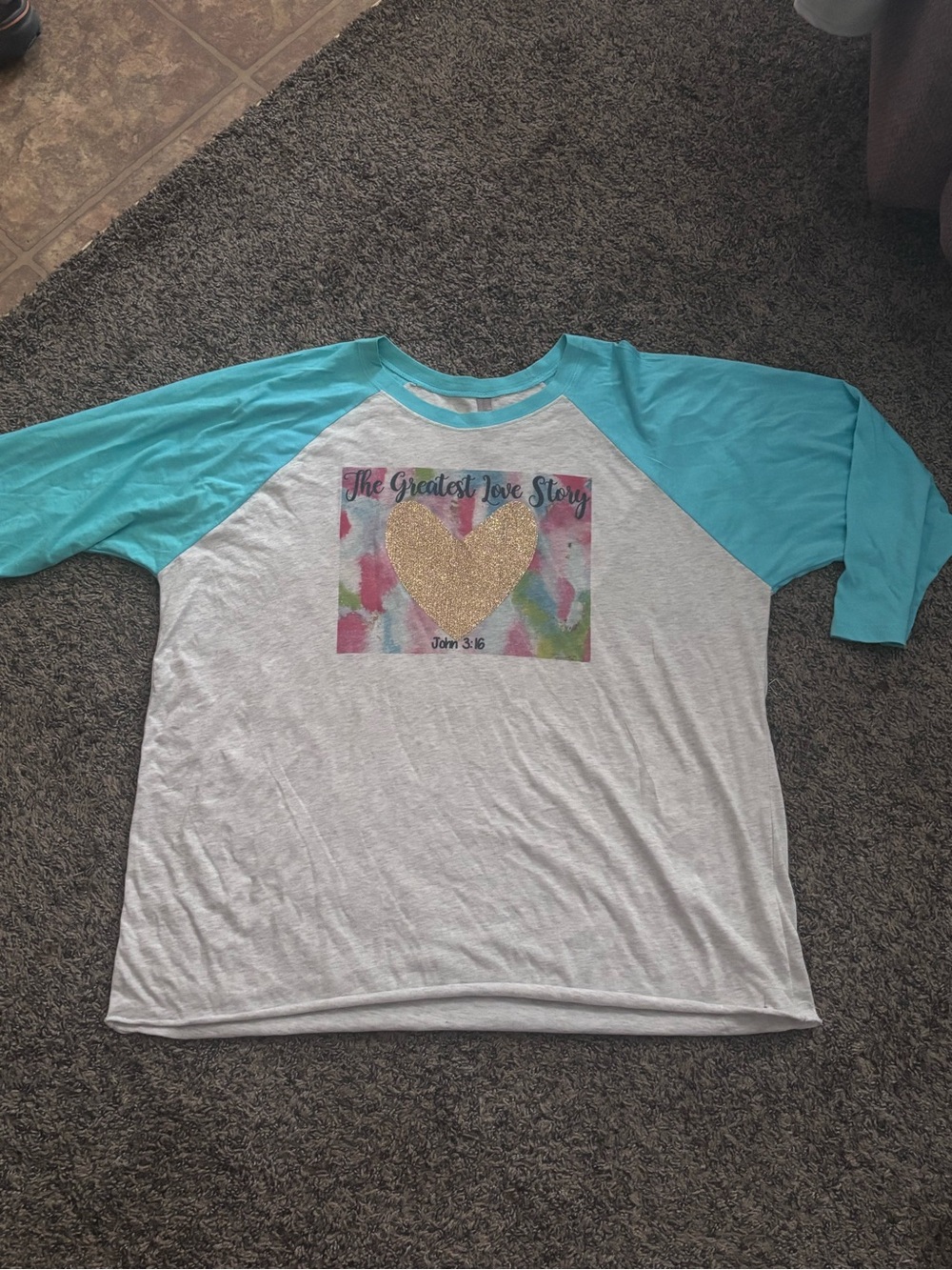 Next Level Apparel White Baseball Tee with Aqua Raglan Sleeves and Gold Heart